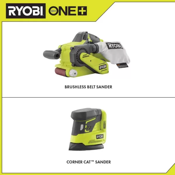 RYOBI 18-Volt ONE+ Cordless Brushless Belt Sander with Dust Bag and Corner Cat Sander with Sample Sandpaper (Tools Only)