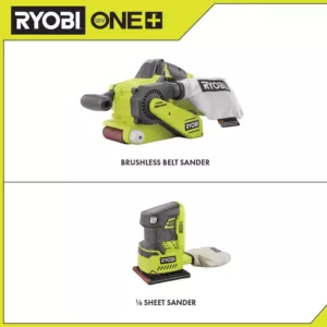 RYOBI 18-Volt ONE+ Cordless Brushless Belt Sander w/ Dust Bag and Sanding Belt and 1/4 Sheet Sander with Dust Bag (Tools Only)