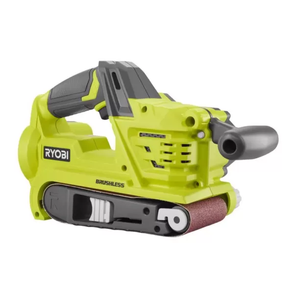 RYOBI 18-Volt ONE+ Cordless Brushless 3 in.x18 in. Belt Sander with Dust Bag and 80-Grit Sanding Belt with 16 ft. Tape Measure