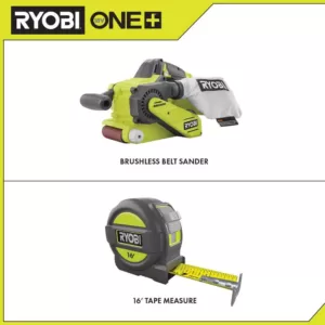 RYOBI 18-Volt ONE+ Cordless Brushless 3 in.x18 in. Belt Sander with Dust Bag and 80-Grit Sanding Belt with 16 ft. Tape Measure