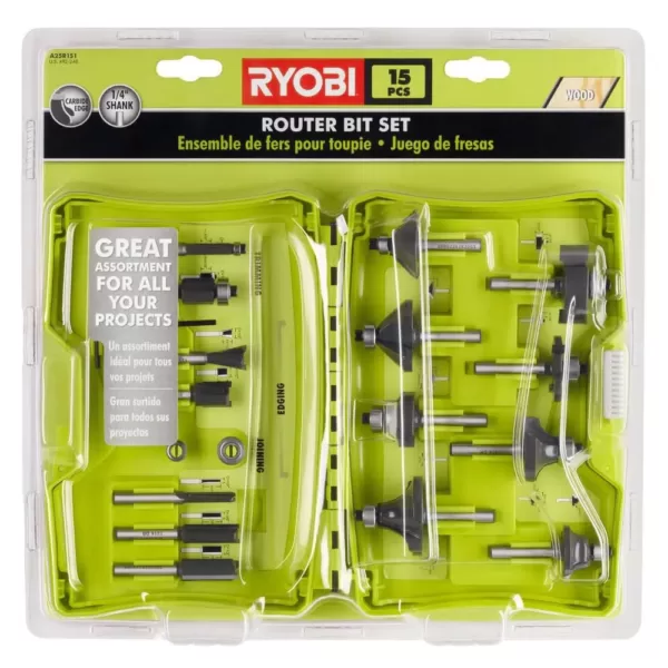 RYOBI 18-Volt ONE+ Cordless Fixed Base Trim Router with Shank Carbide Router Bit Set (15-Piece)