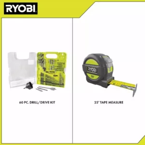 RYOBI Multi-Material Drill and Drive Kit (60-Piece) with BONUS 25FT Tape Measure