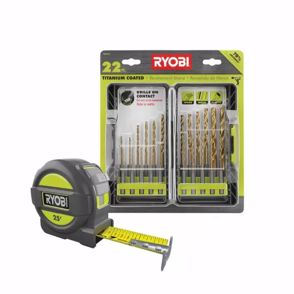 RYOBI Titanium Drill Bit Kit (22-Piece) with BONUS 25FT Tape Measure