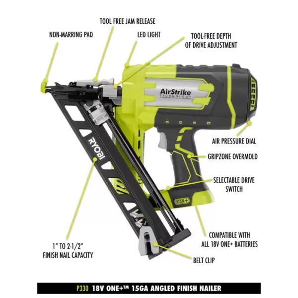 RYOBI 18-Volt ONE+ Lithium-Ion Cordless AirStrike 15-Gauge Angled Nailer Kit with ONE+ Lithium-Ion 2.0 Ah Battery and Charger