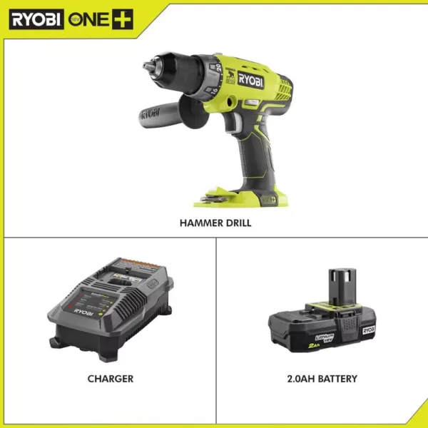 RYOBI 18-Volt ONE+ Cordless 1/2 in. Hammer Drill/Driver with Handle with 2.0 Ah Battery and Charger Kit