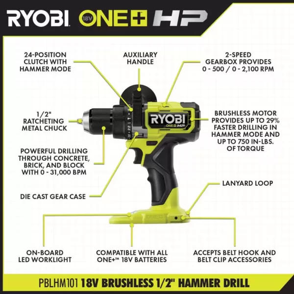 RYOBI ONE+ HP 18V Brushless Cordless 1/2 in. Hammer Drill Kit with (1) 4.0 Ah HIGH PERFORMANCE Battery, Charger, and Tool Bag