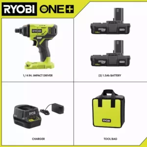 RYOBI 18-Volt ONE+ Lithium-Ion Cordless 1/4 in. Impact Driver Kit with (2) 1.5 Ah Batteries, Charger, and Bag