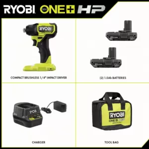 RYOBI ONE+ HP 18V Brushless Cordless Compact 1/4 in. Impact Driver Kit with (2) 1.5 Ah Batteries, Charger and Bag