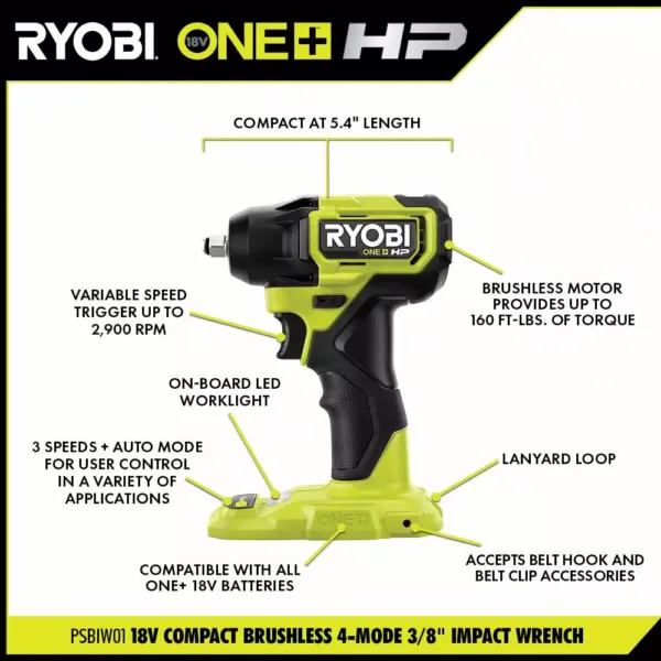 RYOBI ONE+ HP 18V Brushless Cordless Compact 1/4 in. Impact Driver, 3/8 in. Impact Wrench, (2) Batteries, Charger, and Bag