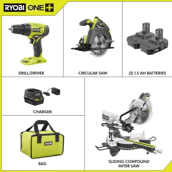 RYOBI 15 Amp 10 in. Sliding Compound Miter Saw and 18-Volt Cordless ONE+ Drill/Driver, Circular Saw Kit