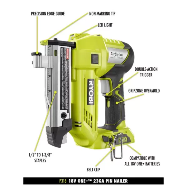 RYOBI 18-Volt ONE+ Lithium-Ion Cordless AirStrike 23-Gauge 1-3/8 in. Headless Pin Nailer Kit with 1.5 Ah Battery and Charger