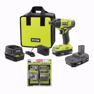 RYOBI ONE+ 18V Cordless 1/4 in. Impact Driver Kit with (2) 1.5 Ah Batteries, Charger, and Bag, with Driving Kit (70-Piece)