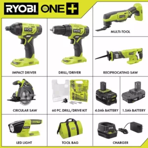 RYOBI 18-Volt ONE+ Cordless 6-Tool Combo Kit w/ (2) Batteries, Charger & Bag w/ BONUS Drill & Drive Kit (60-Piece)