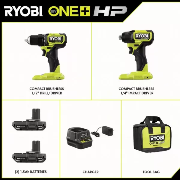 RYOBI ONE+ HP 18V Brushless Cordless Compact 1/2 in. Drill and Impact Driver Kit with (2) 1.5 Ah Batteries, Charger and Bag