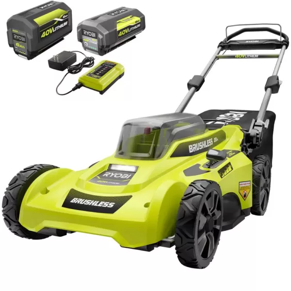 RYOBI 20 in. 40-Volt Brushless Lithium-Ion Cordless Battery Walk Behind Push Lawn Mower two 6.0 AhBatteries & Charger Included