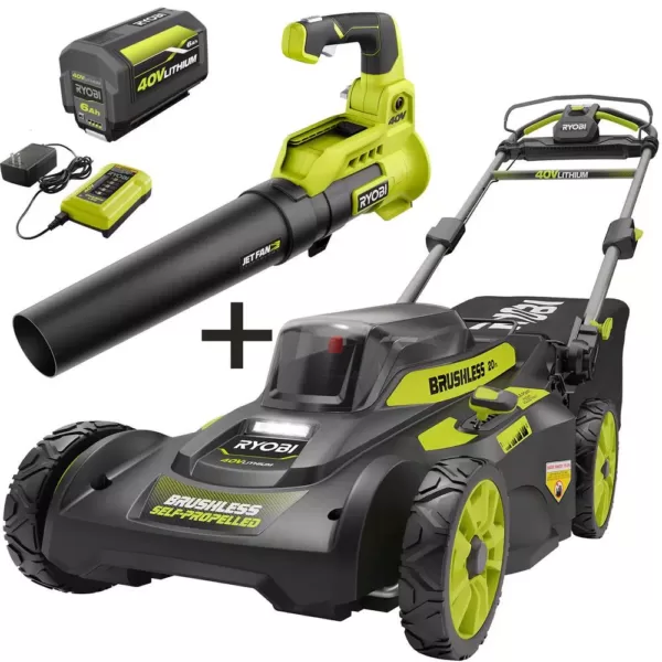 RYOBI 20 in. 40-Volt Brushless Lithium-Ion Cordless Self-Propelled Walk Behind Lawn Mower & Blower w/ 6.0 Ah Battery & Charger