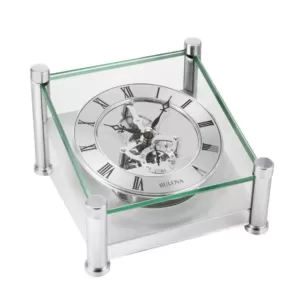 Bulova Solid Brushed Silver Metal Case with Skeleton Movement Table Clock