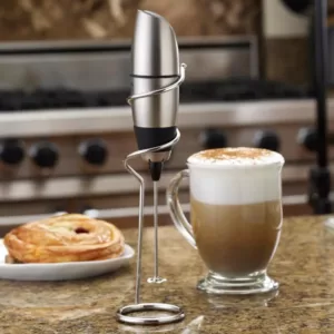 BonJour Battery-Powered Black Stainless Steel Milk Frother with Chrome Stand