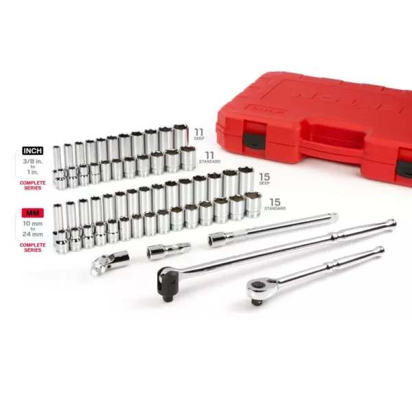 TEKTON 1/2 in. Drive 6-Point Socket and Ratchet Set 3/8 in. to 1 in., 10 mm to 24 mm (58-Piece)