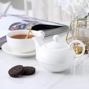 MALACASA White Porcelain Teapot 11 Ounce Tea for One Set 1 Piece Teacup and Saucer